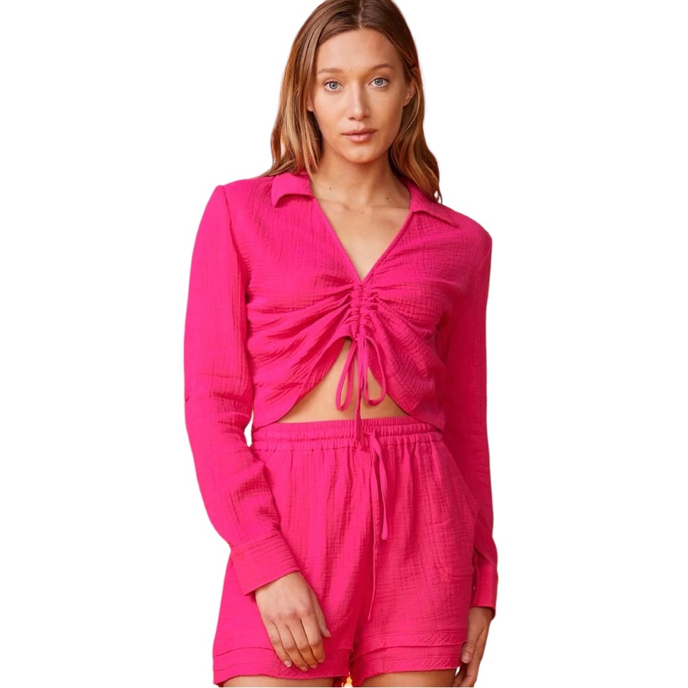 Monrow Gauze Shirred‎ Blouse in Rasberry
